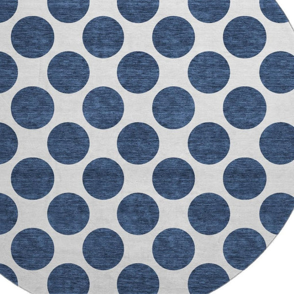 HomeRoots 8' Navy Blue & Ivory Polka Dot Round Rug - Washable, UV Protected, Durable, Kid & Pet Friendly Design 677420