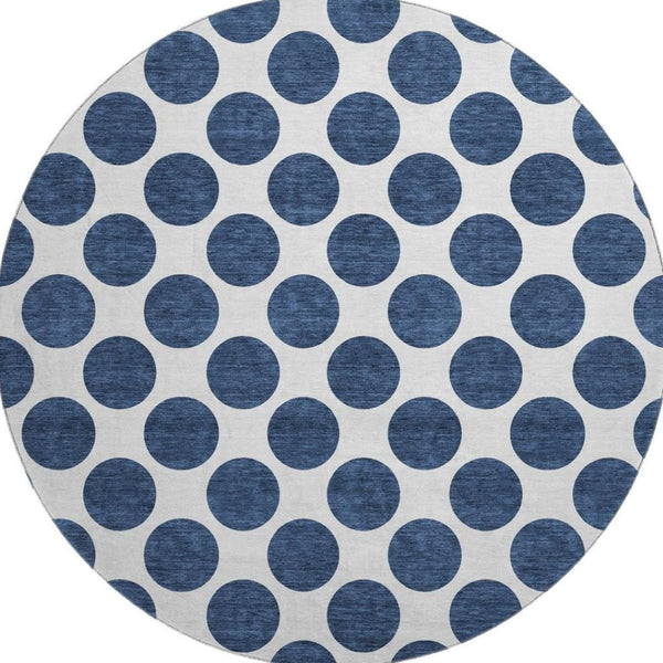 HomeRoots 8' Navy Blue & Ivory Polka Dot Round Rug - Washable, UV Protected, Durable, Kid & Pet Friendly Design 677420