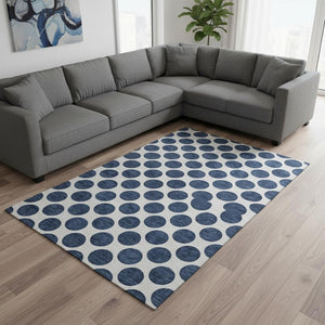 HomeRoots 8' X 10' Navy Blue & Ivory Polka Dot Washable Area Rug - Durable, Stylish, Stain Resistant, UV Protected 677421