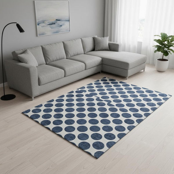 HomeRoots 10' X 14' Navy Blue Polka Dot Area Rug - Washable, Stain Resistant, UV Protected for Busy Homes! 677423