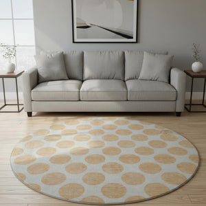 HomeRoots 8' Peach and Ivory Polka Dot Round Rug – Washable, UV-Protected, Durable for Kids & Pets, Stylish Design 677426