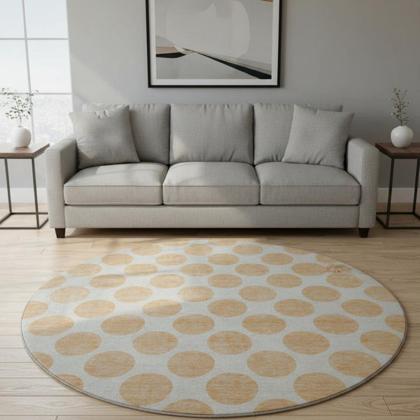 HomeRoots 8' Peach and Ivory Polka Dot Round Rug – Washable, UV-Protected, Durable for Kids & Pets, Stylish Design 677426