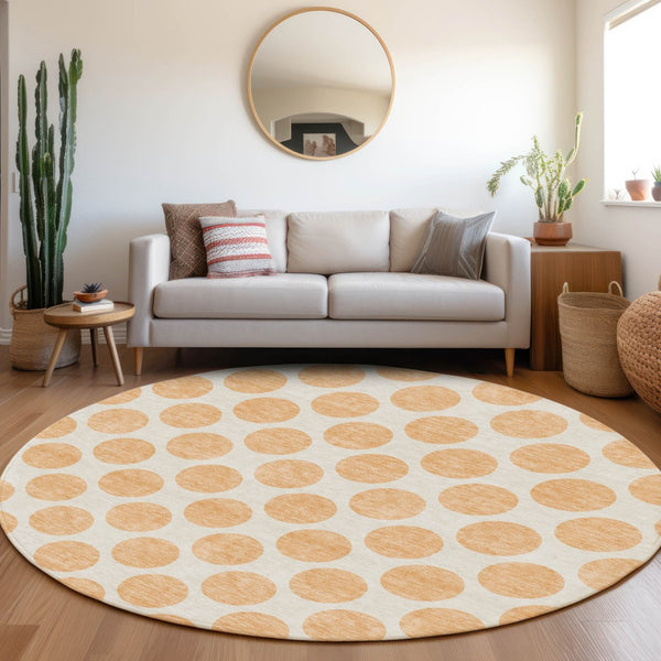 HomeRoots 8' Peach and Ivory Polka Dot Round Rug – Washable, UV-Protected, Durable for Kids & Pets, Stylish Design 677426