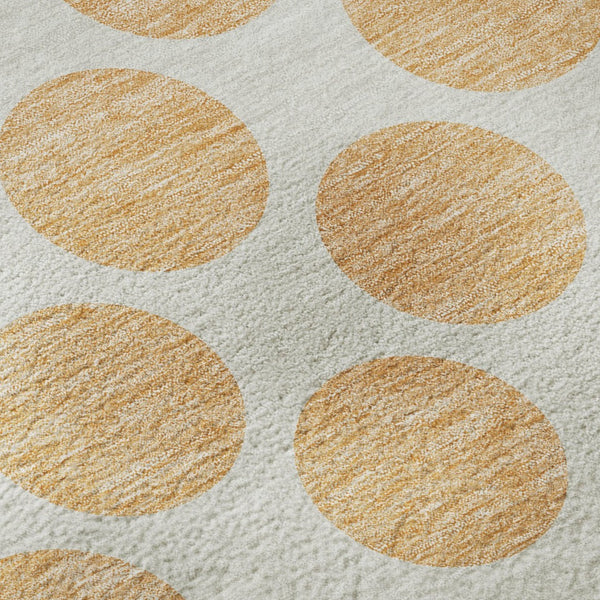 HomeRoots 8' Peach and Ivory Polka Dot Round Rug – Washable, UV-Protected, Durable for Kids & Pets, Stylish Design 677426