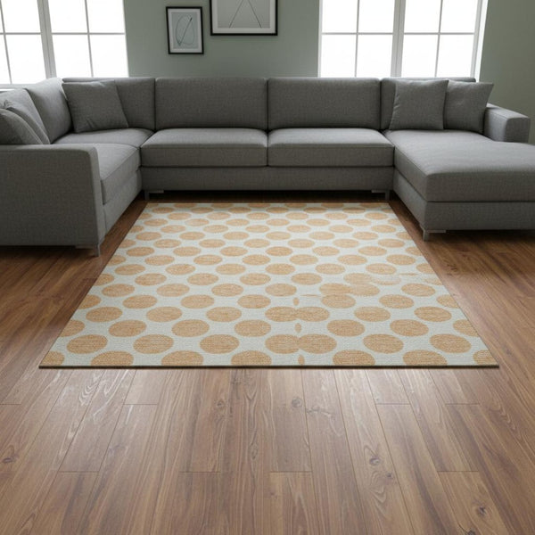 HomeRoots 10' Peach and Ivory Polka Dot Area Rug – Washable, UV-Protected, Stain-Resistant, Kid & Pet Friendly! 677429