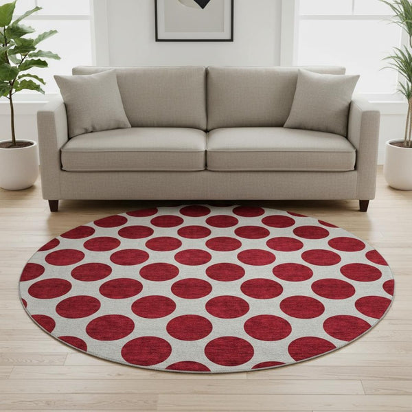 HomeRoots 8' Red Polka Dot Round Rug - Washable, UV Protected, Soft, and Durable for Homes with Kids & Pets 677432