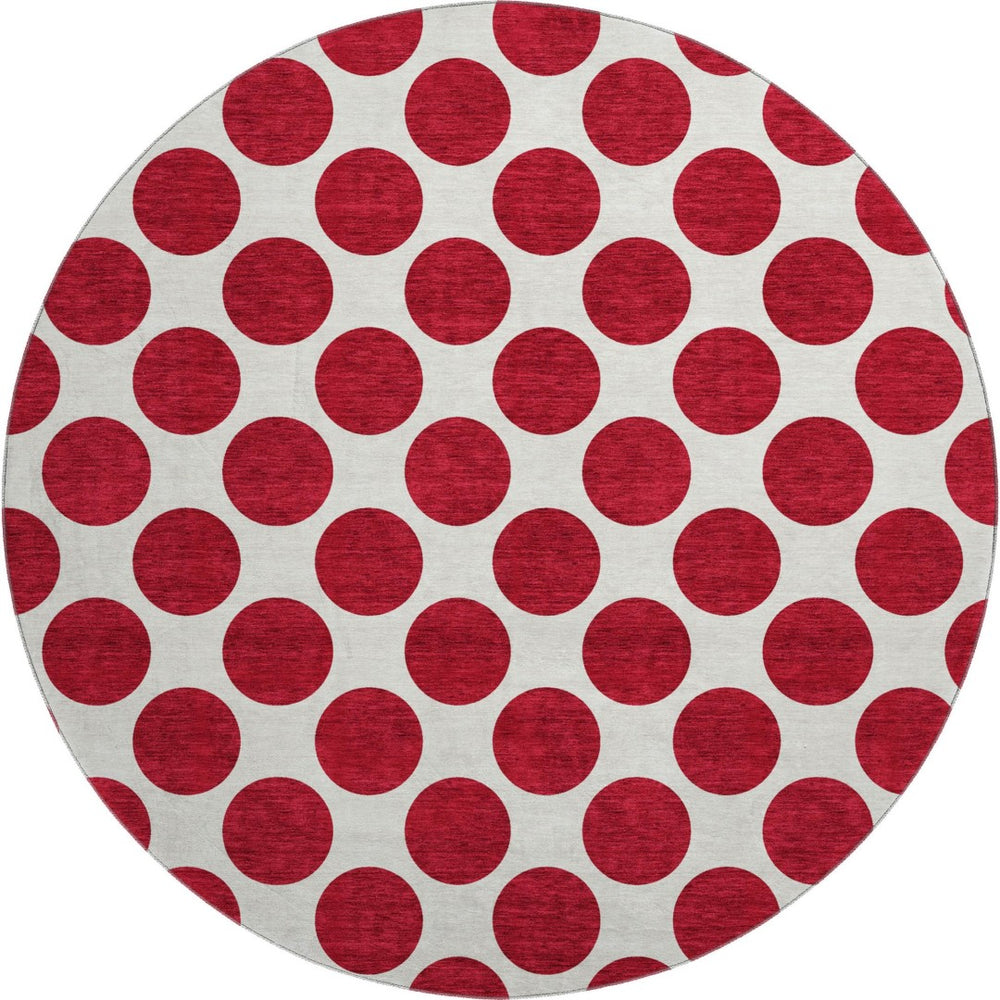 HomeRoots 8' Red Polka Dot Round Rug - Washable, UV Protected, Soft, and Durable for Homes with Kids & Pets 677432