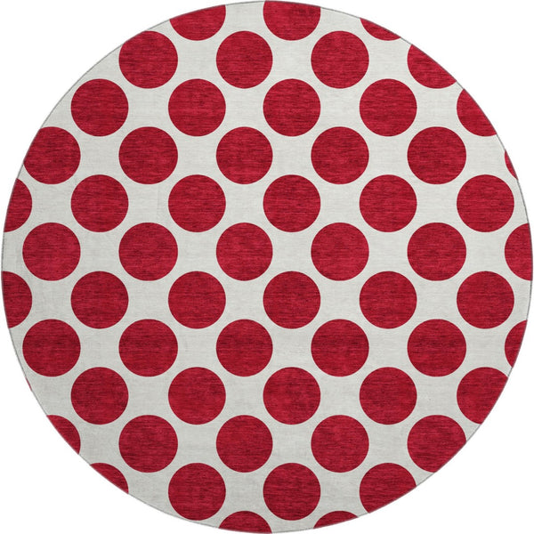 HomeRoots 8' Red Polka Dot Round Rug - Washable, UV Protected, Soft, and Durable for Homes with Kids & Pets 677432