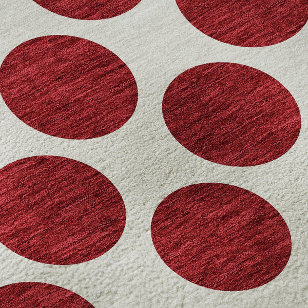 HomeRoots 8' Red Polka Dot Round Rug - Washable, UV Protected, Soft, and Durable for Homes with Kids & Pets 677432