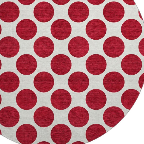 HomeRoots 8' Red Polka Dot Round Rug - Washable, UV Protected, Soft, and Durable for Homes with Kids & Pets 677432