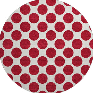 HomeRoots 8' Red Polka Dot Round Rug - Washable, UV Protected, Soft, and Durable for Homes with Kids & Pets 677432