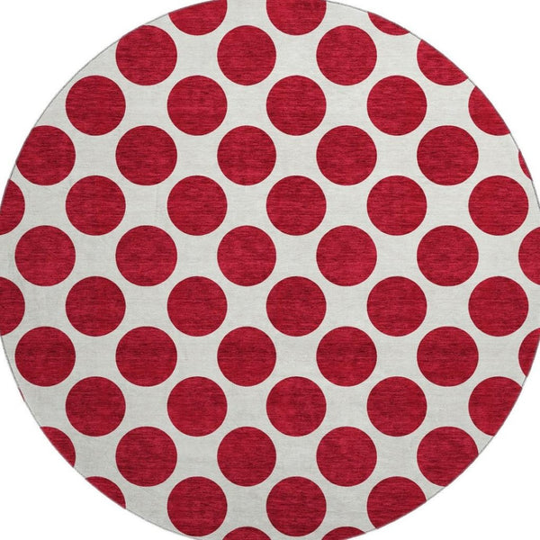 HomeRoots 8' Red Polka Dot Round Rug - Washable, UV Protected, Soft, and Durable for Homes with Kids & Pets 677432