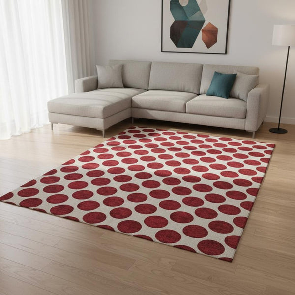 HomeRoots 9' X 12' Red And Ivory Polka Dot Rug – Washable, UV Protected, Perfect for High-Traffic Spaces! 677434