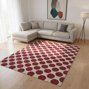 HomeRoots 10' X 14' Red and Ivory Polka Dot Area Rug - Washable, UV-Protected, Stain-Resistant for Busy Homes 677435