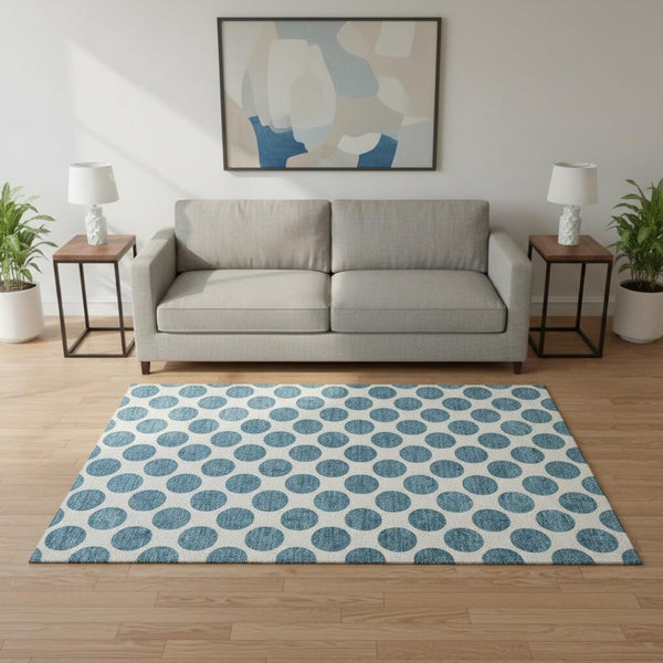 HomeRoots 5' X 8' Teal and Ivory Polka Dot Washable Area Rug – Soft, Stain-Resistant, UV Protected for Homes 677437