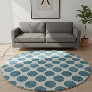 HomeRoots 8' Teal and Ivory Polka Dot Washable Round Rug - Durable, UV-Protected, Perfect for Family Spaces! 677438