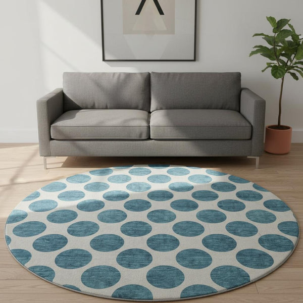 HomeRoots 8' Teal and Ivory Polka Dot Washable Round Rug - Durable, UV-Protected, Perfect for Family Spaces! 677438