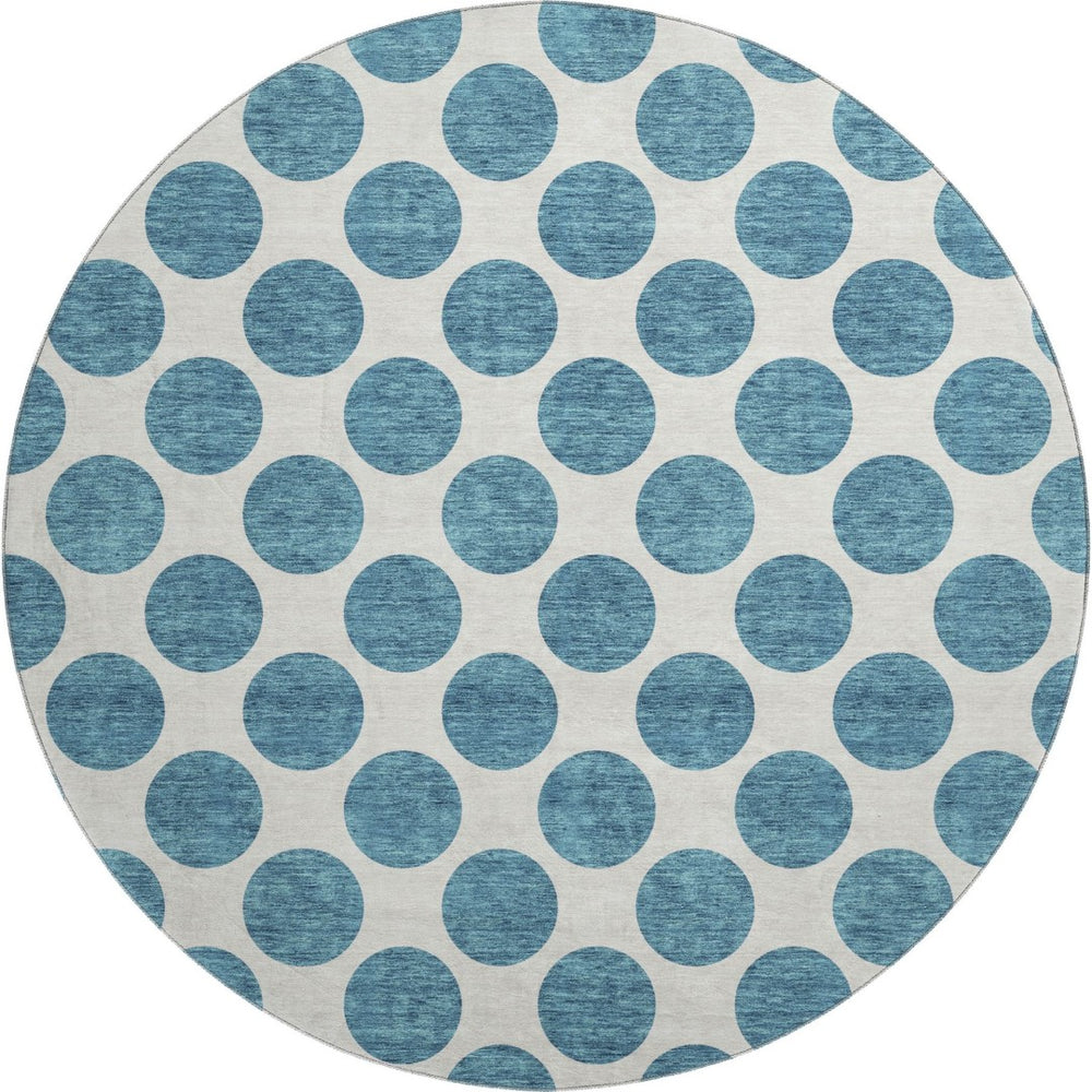 HomeRoots 8' Teal and Ivory Polka Dot Washable Round Rug - Durable, UV-Protected, Perfect for Family Spaces! 677438