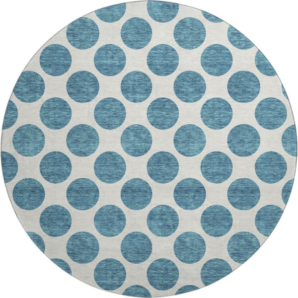 HomeRoots 8' Teal and Ivory Polka Dot Washable Round Rug - Durable, UV-Protected, Perfect for Family Spaces! 677438