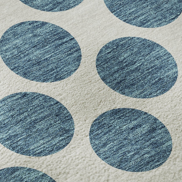 HomeRoots 8' Teal and Ivory Polka Dot Washable Round Rug - Durable, UV-Protected, Perfect for Family Spaces! 677438