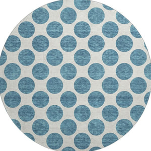 HomeRoots 8' Teal and Ivory Polka Dot Washable Round Rug - Durable, UV-Protected, Perfect for Family Spaces! 677438