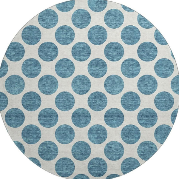 HomeRoots 8' Teal and Ivory Polka Dot Washable Round Rug - Durable, UV-Protected, Perfect for Family Spaces! 677438