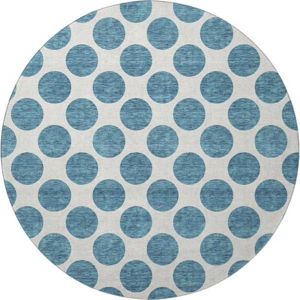 HomeRoots 8' Teal and Ivory Polka Dot Washable Round Rug - Durable, UV-Protected, Perfect for Family Spaces! 677438
