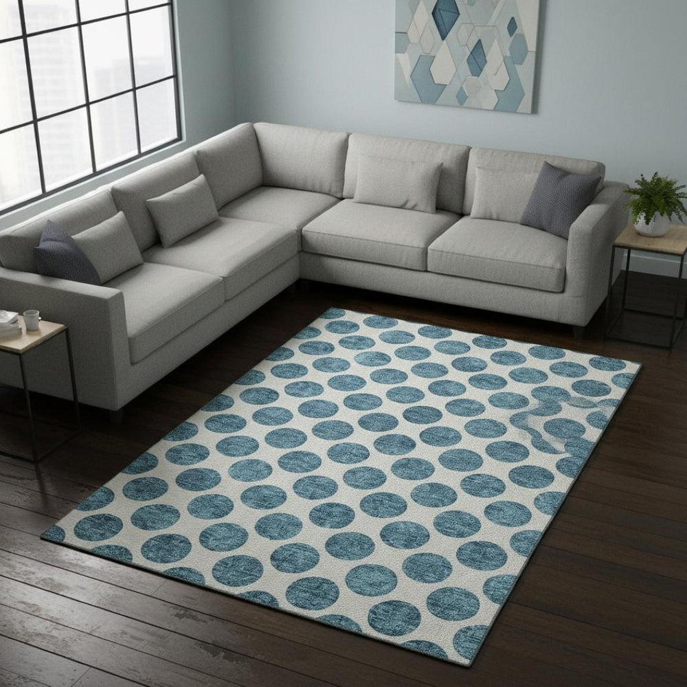 HomeRoots 8' X 10' Teal and Ivory Polka Dot Area Rug - Washable, UV Protected, Perfect for Homes with Kids & Pets 677439