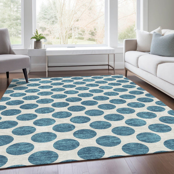 HomeRoots 10' X 14' Teal and Ivory Polka Dot Area Rug - Durable, UV-Protected, Stain-Resistant for Any Space 677441