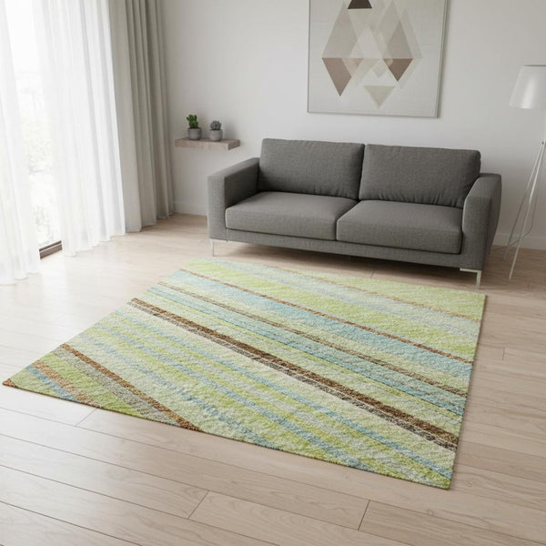 HomeRoots 5' Striped Artichoke Green, Brown & Beige Washable Area Rug with UV Protection for Family Spaces 677443