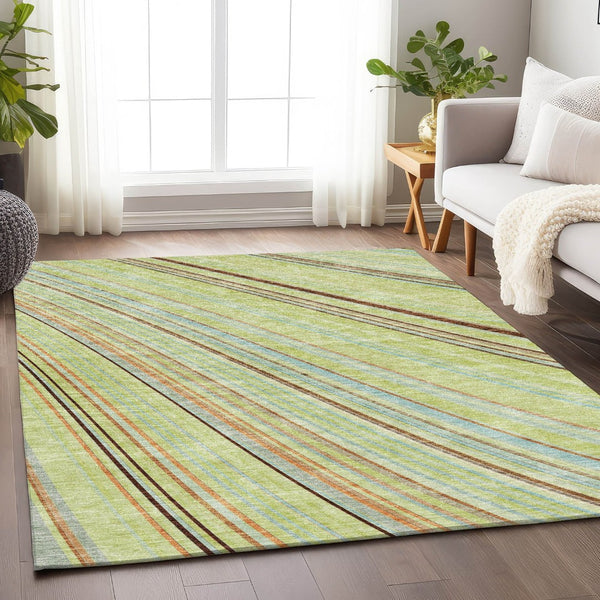 HomeRoots 5' Striped Artichoke Green, Brown & Beige Washable Area Rug with UV Protection for Family Spaces 677443