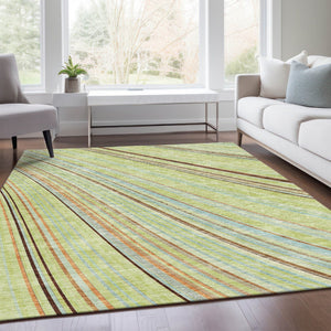 HomeRoots 5' Striped Artichoke Green, Brown & Beige Washable Area Rug with UV Protection for Family Spaces 677443
