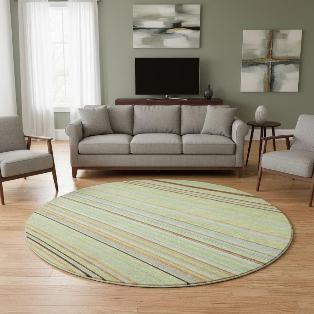 HomeRoots 8' Washable Round Rug in Artichoke Green, Brown & Beige Stripes – Durable, UV-Protected, Easy Care 677444