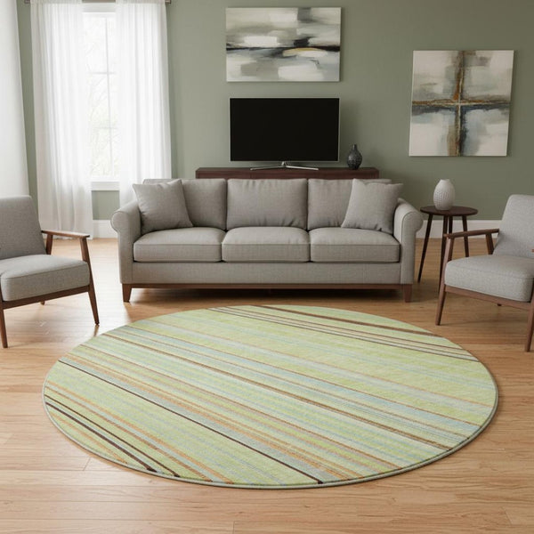 HomeRoots 8' Washable Round Rug in Artichoke Green, Brown & Beige Stripes – Durable, UV-Protected, Easy Care 677444