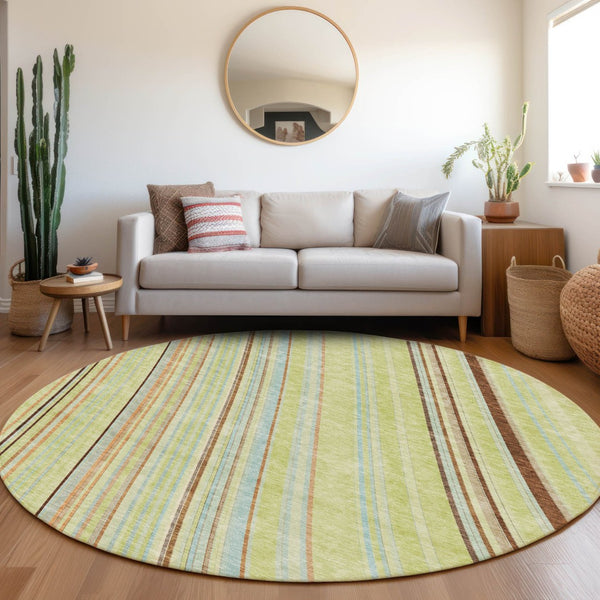 HomeRoots 8' Washable Round Rug in Artichoke Green, Brown & Beige Stripes – Durable, UV-Protected, Easy Care 677444
