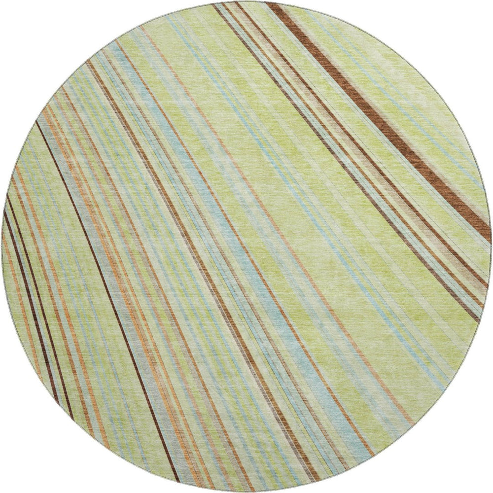 HomeRoots 8' Washable Round Rug in Artichoke Green, Brown & Beige Stripes – Durable, UV-Protected, Easy Care 677444
