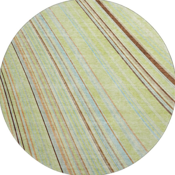 HomeRoots 8' Washable Round Rug in Artichoke Green, Brown & Beige Stripes – Durable, UV-Protected, Easy Care 677444