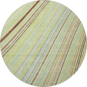 HomeRoots 8' Washable Round Rug in Artichoke Green, Brown & Beige Stripes – Durable, UV-Protected, Easy Care 677444