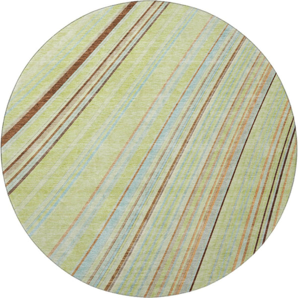 HomeRoots 8' Washable Round Rug in Artichoke Green, Brown & Beige Stripes – Durable, UV-Protected, Easy Care 677444