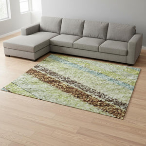 HomeRoots 8' X 10' Washable Area Rug in Artichoke Green, Brown & Beige Stripes with UV Protection & Style 677445