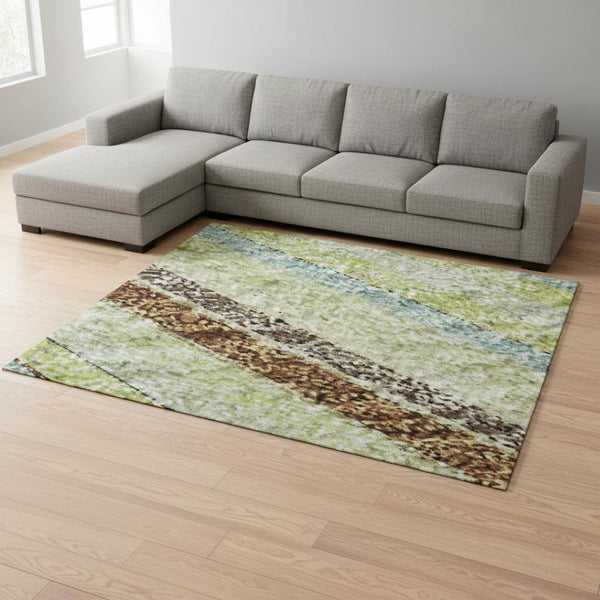HomeRoots 8' X 10' Washable Area Rug in Artichoke Green, Brown & Beige Stripes with UV Protection & Style 677445
