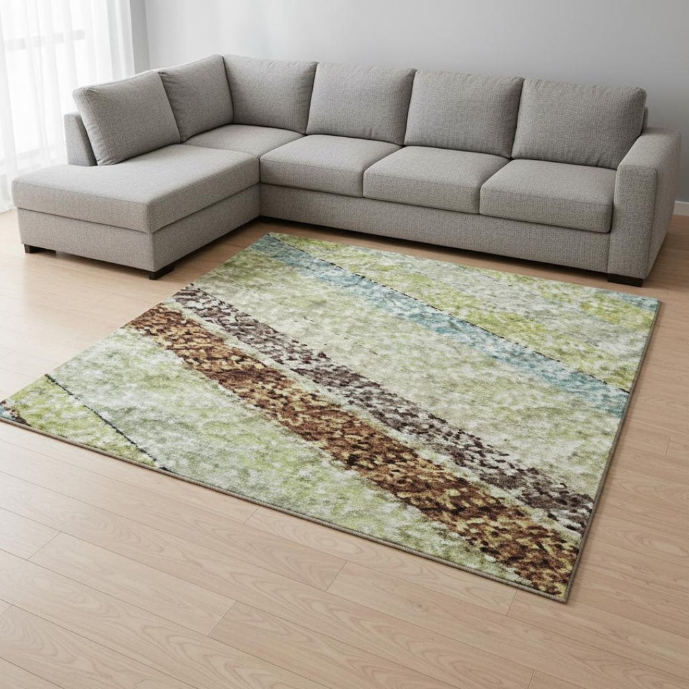 HomeRoots 9' X 12' Artichoke Green Striped Washable Area Rug with UV Protection for High-Traffic Spaces 677446
