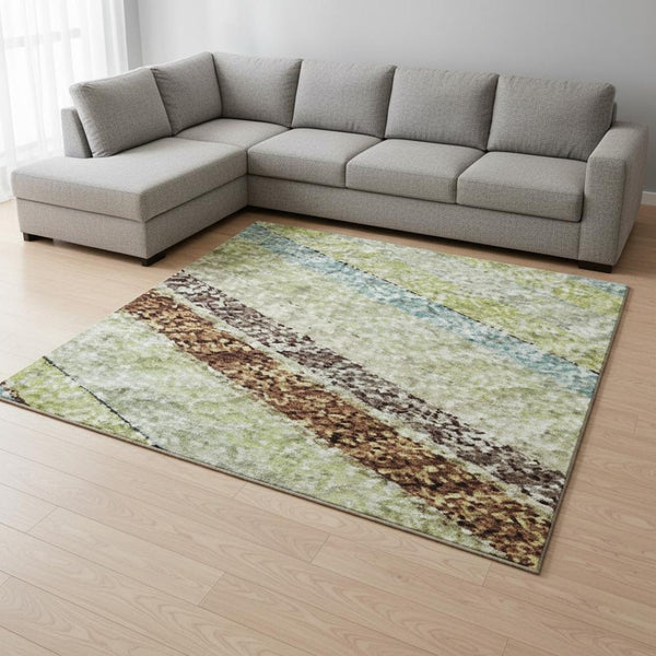 HomeRoots 9' X 12' Artichoke Green Striped Washable Area Rug with UV Protection for High-Traffic Spaces 677446