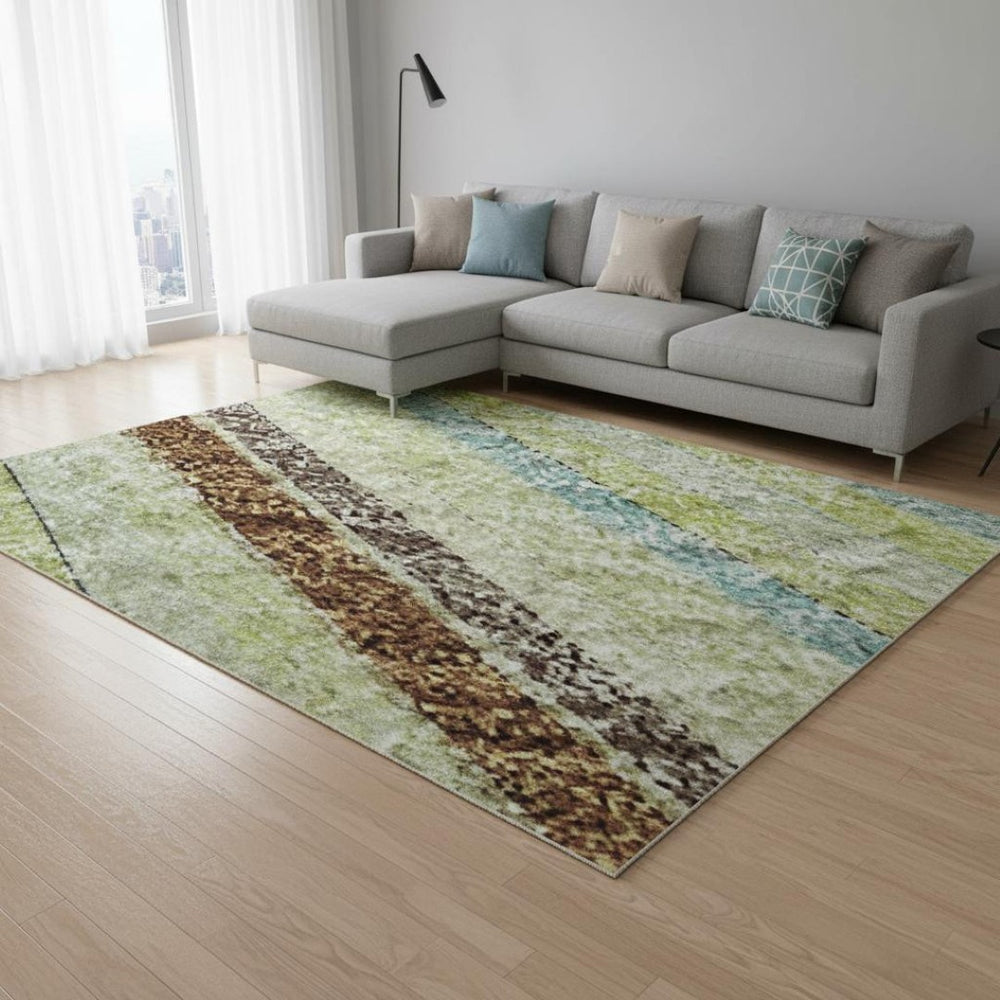 HomeRoots 10' X 14' Artichoke Green Brown Striped Washable Area Rug with UV Protection for Easy Living Spaces 677447
