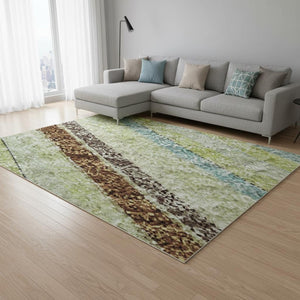 HomeRoots 10' X 14' Artichoke Green Brown Striped Washable Area Rug with UV Protection for Easy Living Spaces 677447
