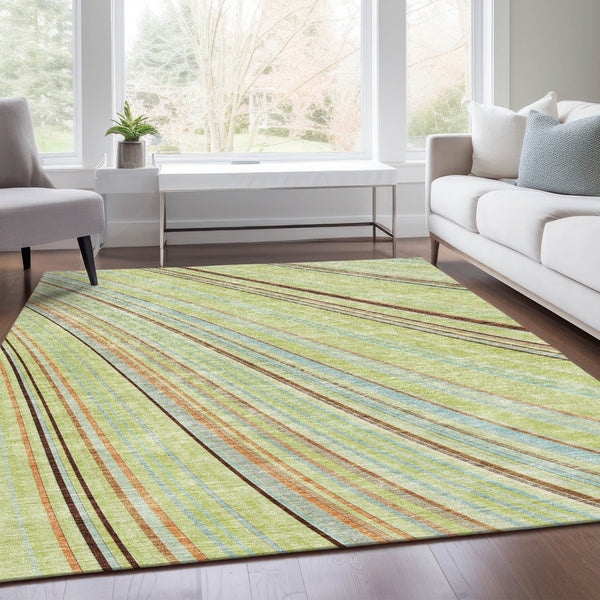 HomeRoots 10' X 14' Artichoke Green Brown Striped Washable Area Rug with UV Protection for Easy Living Spaces 677447