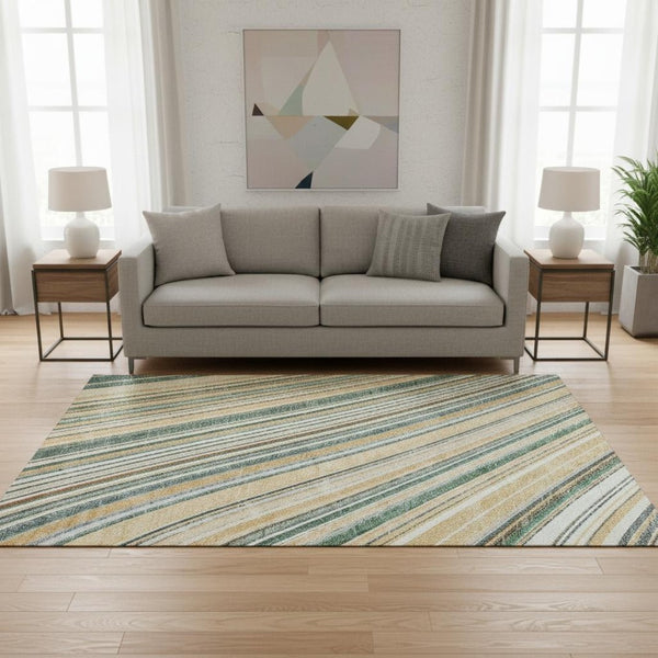 HomeRoots 5' X 8' Beige Gold Sage Striped Area Rug - Durable, Washable, UV Protected, Perfect for Busy Homes! 677449