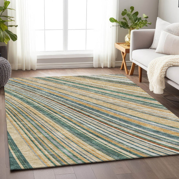 HomeRoots 5' X 8' Beige Gold Sage Striped Area Rug - Durable, Washable, UV Protected, Perfect for Busy Homes! 677449