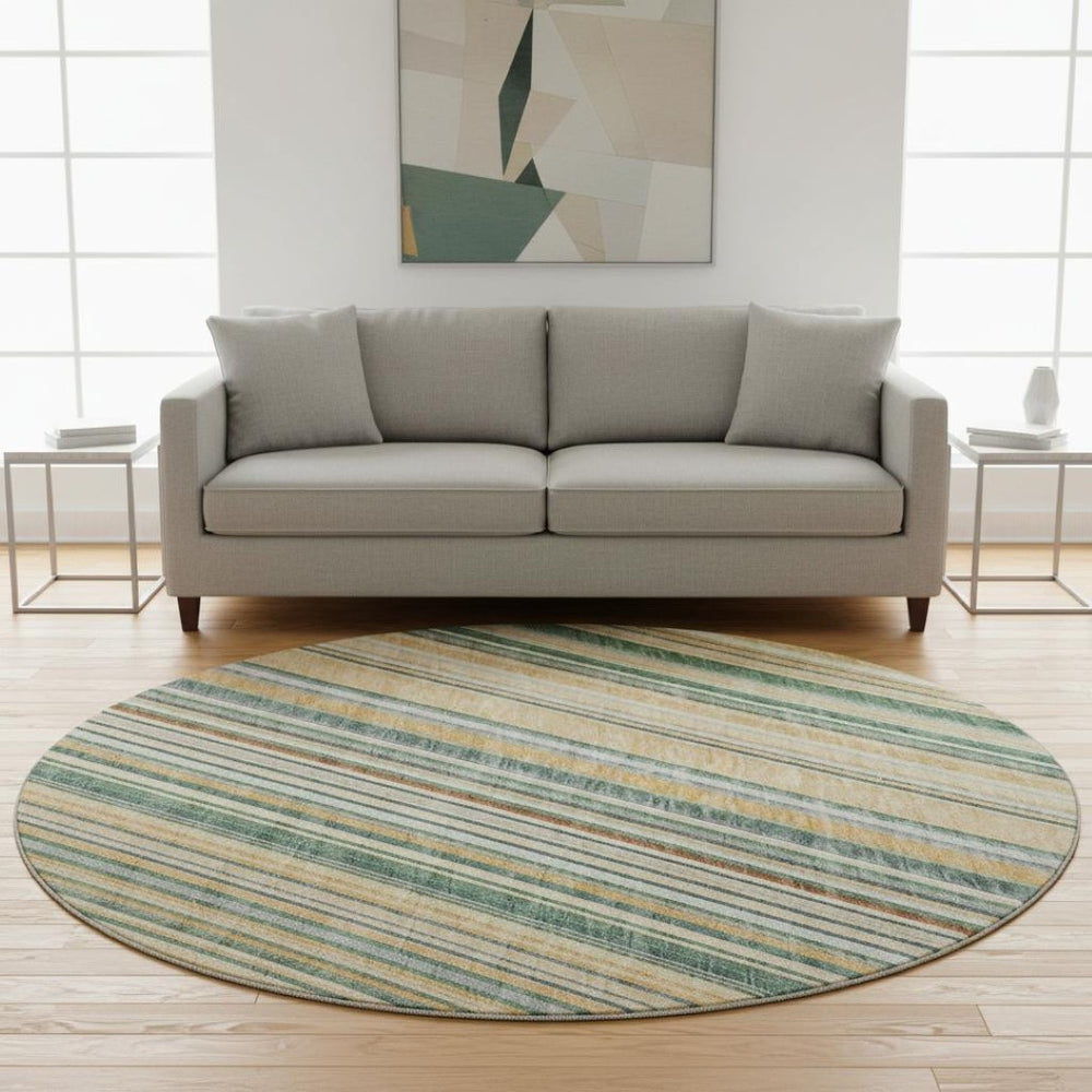 HomeRoots 8' Beige Gold and Sage Striped Round Rug - Washable, UV Protected, Stain Resistant for High-Traffic Areas 677450