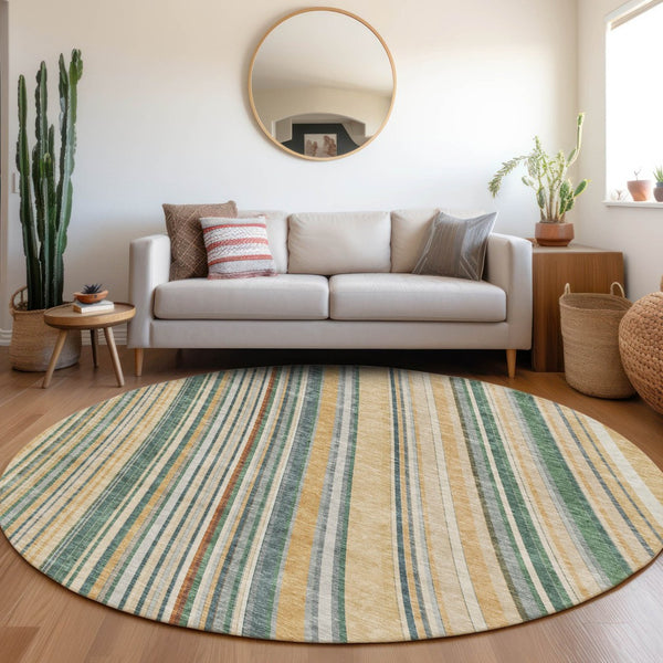 HomeRoots 8' Beige Gold and Sage Striped Round Rug - Washable, UV Protected, Stain Resistant for High-Traffic Areas 677450